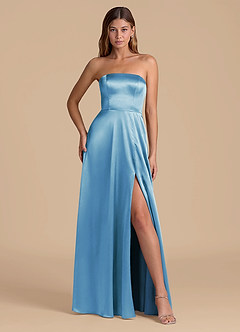 Azazie Wren 신부 들러리 드레스 A라인 스트랩리스 메탈릭 새틴 바닥 길이 드레스 image4