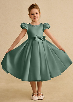 Azazie Pearl Flower Girl Dresses Eucalyptus Ball-Gown Pleated Matte Satin Dress image4