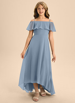 Azazie Maggie Junior A-Linie Schulterfrei Chiffon Kleid Staubblau image5