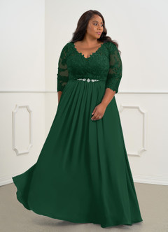 Azazie Hayek Kleider für die Brautmutter A-Linie V-Hals Spitze Chiffon Kleid Dunkelgrün image9