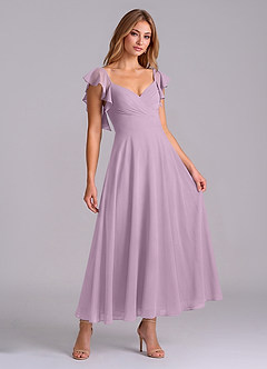 Azazie Leilani 신부 들러리 드레스 A라인 셔링 쉬폰 발목 길이 드레스 image3