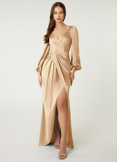 Azazie Mel Brautjungfernkleider Etui Langarm Stretch-Satin Kleid Champagner image1