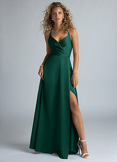 Azazie Davis Bridesmaid Dresses Emerald A-Line Pleated Stretch Satin Dress image2