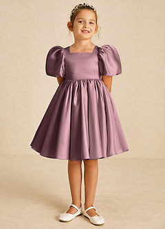 Azazie Muffin Robe Demoiselle D'honneur Fillette Robe Trapèze en Mat Satiné avec manches Mauve Vintage image2