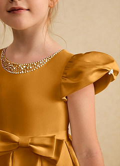 Azazie Pearl Flower Girl Dresses Butterscotch Ball-Gown Pleated Matte Satin Dress image6