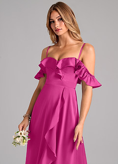 Azazie Lyra Jurken voor bruidsmeisjes Converteerbaar Jurk van Stretch Satijn met A-Lijn Off the Shoulder Fuchsia image7