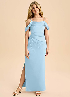 Azazie Saige Junior Robe Fourreau en Satin extensible Épaule décolletée Bleu Ciel image3