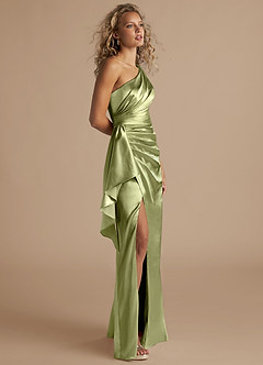 Azazie Maive Bridesmaid Dresses Pistachio Sheath Ruched Metallic Satin Dress image4