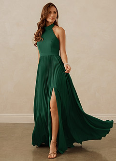 Christian Siriano Bridal for Azazie 1007 Bridesmaid Dresses Dark Green A-Line Pleated Stretch Satin Dress image3