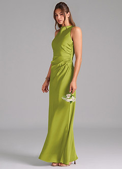 Azazie Evadne Bridesmaid Dresses Lemongrass Sheath Pleated Stretch Satin Dress image1
