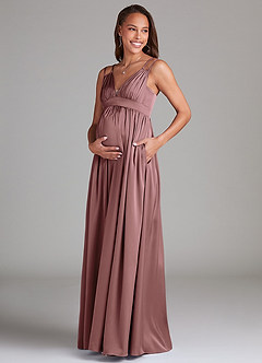 Azazie Emree Maternity Bridesmaid Dresses A-Line Stretch Satin Floor-Length Dress with Pockets image3