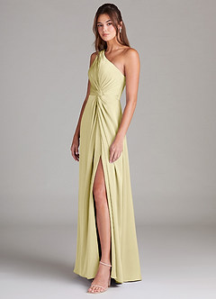 Azazie Brooke Bridesmaid Dresses Lemon Sorbet A-Line One Shoulder Stretch Satin Dress image5