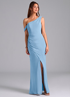 Azazie Madelyn Jurken voor bruidsmeisjes Converteerbaar Jurk van Chiffon met Zeemeermin One-Shoulder Poederblauw image1