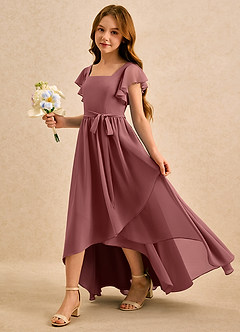 Azazie Milly Girls Formal 플라워 걸 드레스 A라인 주름진 쉬폰 비대칭 드레스 image6