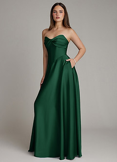 Azazie Meleena At-home Try On Dresses Dark Green A-Line Strapless Stretch Satin Dress image6