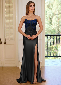 Valeria Black Strapless Satin Mermaid Rhinestones Corset Prom Dress image3