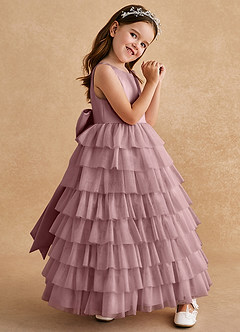 Azazie Twinkle Toes vestidos de niña de las flores Vestido de Rosa Polvorienta de Tul de Corte En A con Lazo image3