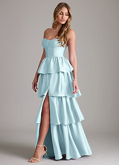Azazie Faye Robes de demoiselle d'honneur Robe Trapèze en Satin extensible Drapé Bleu Nuage image3