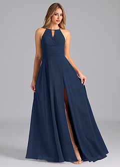 Azazie Denver Bridesmaid Dresses Dark Navy A-Line Pleated Chiffon Dress image3