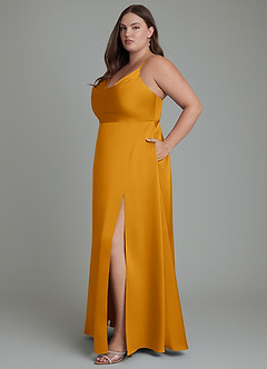 Azazie Sarella Bridesmaid Dresses Butterscotch A-Line Pleated Stretch Satin Dress image12