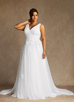 Azazie Alemia Wedding Dresses Diamond White A-Line Lace Tulle Dress image10