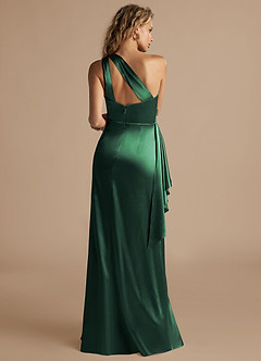 Azazie Maive Bridesmaid Dresses Dark Green Sheath Ruched Metallic Satin Dress image3