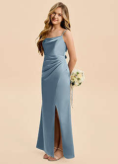Azazie Christen Junior Dusty Blue A-Line Pleated Stretch Satin Dress image3