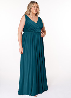 Azazie Tanicia Brautjungfernkleider A-Linie V-Hals Gefaltet Gittergewebe Kleid Tintenblau image8
