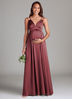 Azazie Emree Maternity Bridesmaid Dresses A-Line Stretch Satin Floor-Length Dress with Pockets image1