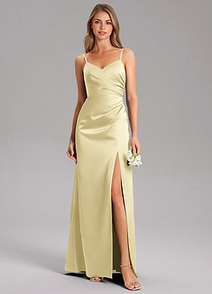 Azazie Azuree Bridesmaid Dresses Lemon Sorbet A-Line Pleated Stretch Satin Dress image1