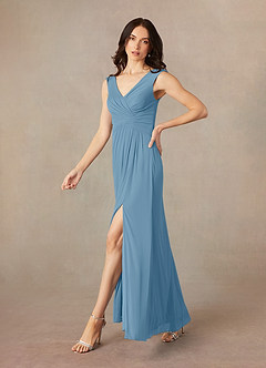 Azazie Andi Mother of the Bride Dresses Steel Blue A-Line Pleated Mesh Dress image2