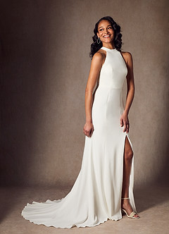 Azazie Aerith Wedding Dresses Diamond White Sheath Bow Stretch Crepe Dress image8