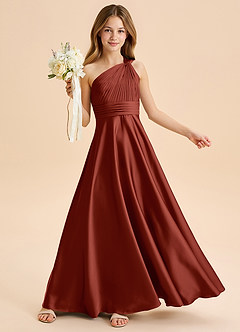 Azazie Charlize Junior Abito A-Line in Raso Elasticizzato Plissettato Terracotta image1