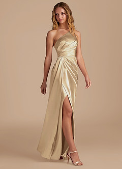 Azazie Mika Bridesmaid Dresses Champagne Sheath One Shoulder Metallic Satin Dress image4