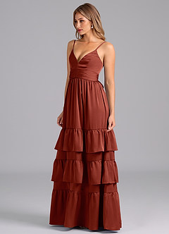 Azazie Nathalia Bridesmaid Dresses Terracotta A-Line Pleated Stretch Satin Dress image4