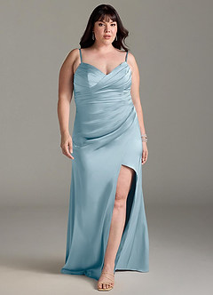 Azazie Yola Vestidos de madrinha de casamento Vestido Azul Temperamental de Cetim elástico de Bainha com Decote em V Plissado image9