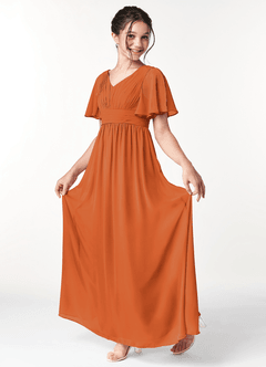 Azazie Temeka Junior Cinnamon A-Line Pleated Chiffon Dress image3