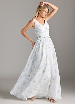 Azazie Keyla Bridesmaid Dresses Blue Vintage Floral A-Line V-Neck Pleated Chiffon Dress image4
