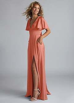 Azazie Kimber Bridesmaid Dresses Salmon Pink A-Line Ruched Stretch Satin Dress image6