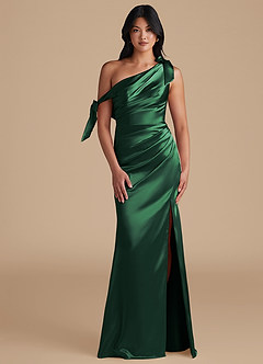Azazie Xyla Bridesmaid Dresses Dark Green Sheath Off the Shoulder Metallic Satin Convertible Dress image1