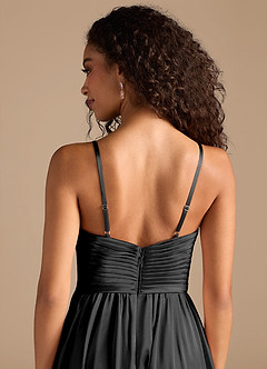 Azazie Alia At-home Try On Dresses Black A-Line Pleated Metallic Satin Dress image6