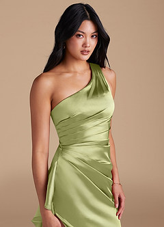 Azazie Latrice Bridesmaid Dresses Pistachio Sheath One Shoulder Metallic Satin Dress image3
