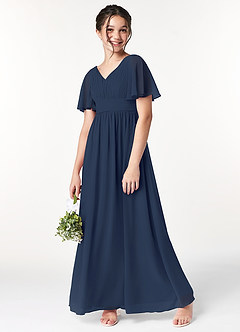 Azazie Temeka Junior Dark Navy A-Line Pleated Chiffon Dress image1