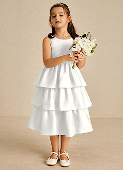 Azazie Margery Flower Girl Dresses White A-Line Bow Stretch Satin Dress image2