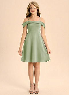 Azazie Anselie Junior Jurk van Stretch Satijn met A-Lijn Geplooid Stoffige Salie image3