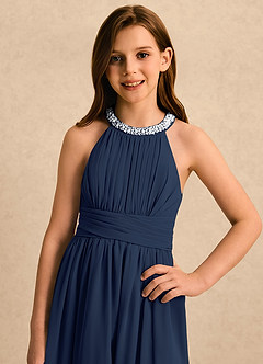 Azazie Aria Girls Formal Abiti da Ragazza di Fiori Abito A-Line in Chiffon Plissettato Marino Scuro image4