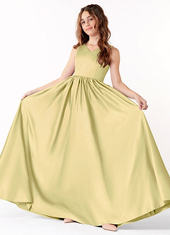 Azazie Hathaway Junior Lemon Sorbet A-Line Bow Stretch Satin Dress image2