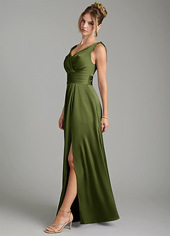 Azazie Karina Bridesmaid Dresses Olive A-Line Pleated Stretch Satin Dress image3