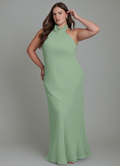 Azazie Velli Robes de demoiselle d'honneur Robe Sirène en Mousseline de soie Col haut Matcha image10