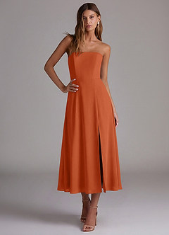 Azazie Wren 신부 들러리 드레스 A라인 스트랩리스 쉬폰 티 길이 드레스 image4